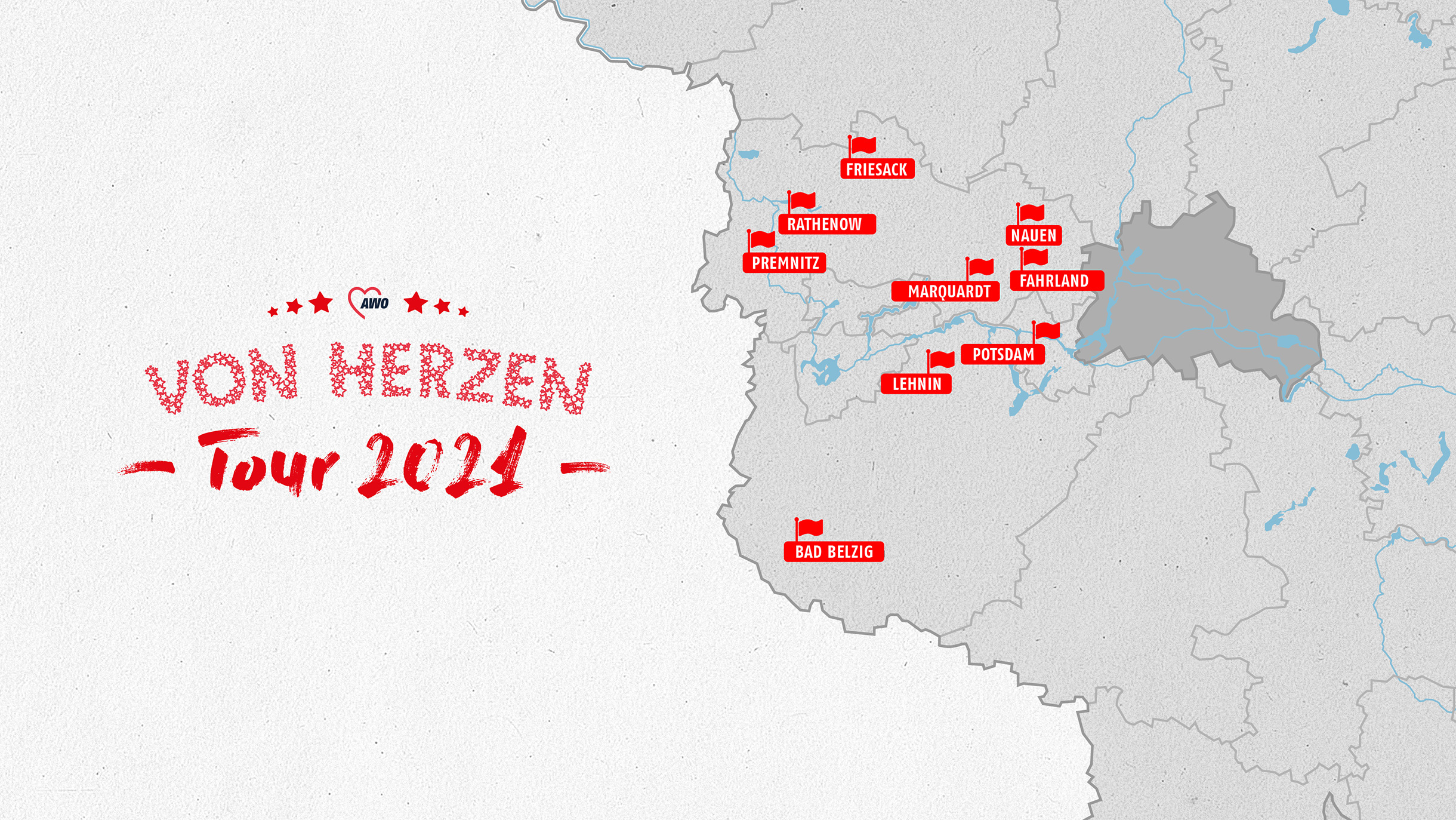 Logo der VonHerzenTour      rechts: eine Karte von Brandenburg mit kleine roten Fahnen auf denen Ortsnamen stehen